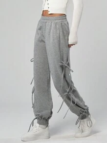 RueChic Women Solid Color Low Waist Jogger Pants With Tie Details - Grey - View 1