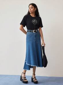 MOTF STUDIO ASYMMETRICAL RAW HEM DENIM SKIRT - Blue - View 7