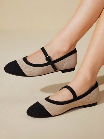 CUCCOO BASICS Women's Fashion Apricot & Black Fabric Splice Mary Jane Flats, Breathable Comfortable Casual Shoes For Commuting, Dating, Party, Holiday