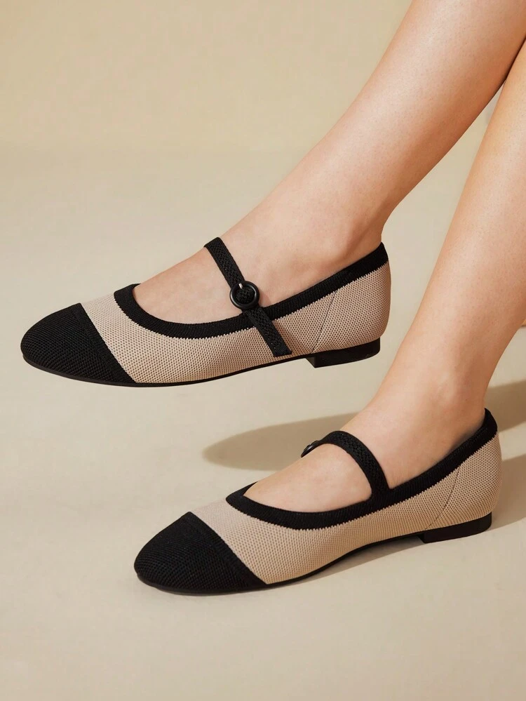 CUCCOO BASICS Women's Fashion Apricot & Black Fabric Splice Mary Jane Flats, Breathable Comfortable Casual Shoes For Commuting, Dating, Party, Holiday For Christmas Spring Shoes
