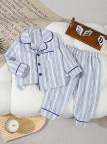 SHEIN 2pcs/Set Baby/Toddler Boys' Simple Classic Blue Stripe Cardigan & Pants Casual Home Outfit