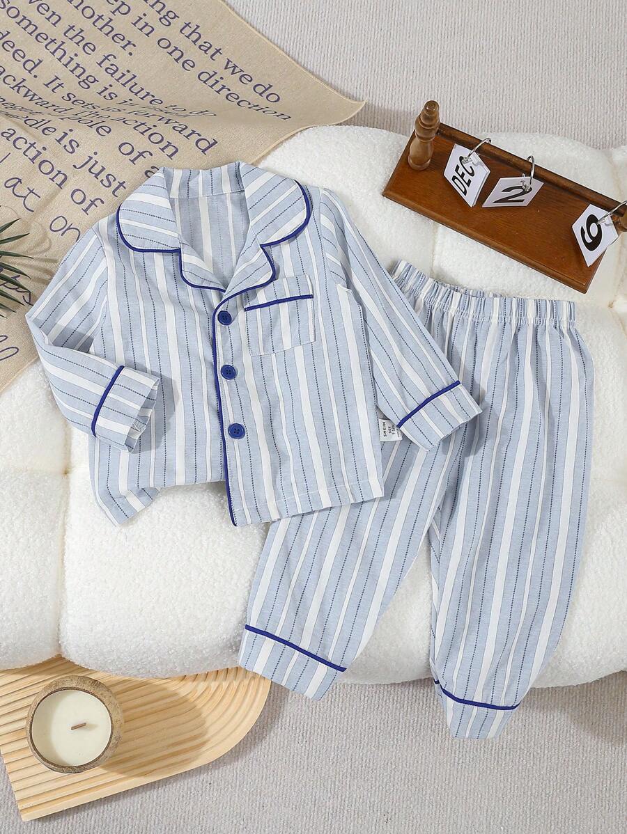 SHEIN 2pcs/Set Baby/Toddler Boys' Simple Classic Blue Stripe Cardigan & Pants Casual Home Outfit