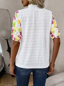 SHEIN Clasi Women Casual Commute Frill Collar Floral Print Short Puff Sleeve T-Shirt - White - View 2