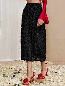 Chiquease 女士优雅花卉 3D 及膝半身裙 - 黑色 - 查看 5