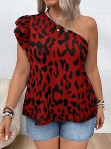 SHEIN VCAY Plus Size Vacation Single Cap Sleeve Leopard Print Blouse - Red - View 3