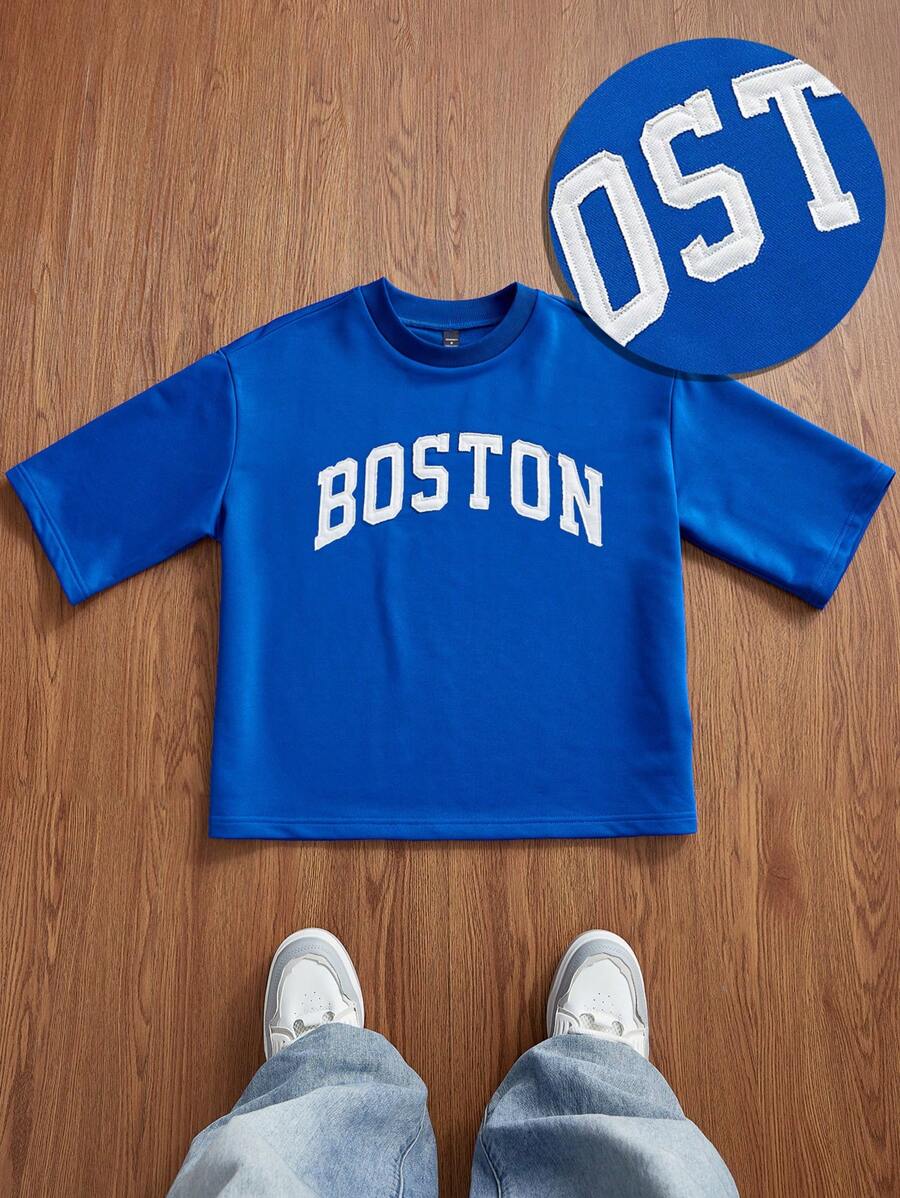 Manfinity VCAY Camiseta de manga corta de punto para hombre, con ajuste holgado, estilo casual y gráfica bordada en inglés - Azul - Ver 1