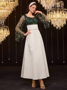 Al Najma 女士蕾丝拼布圆领长袖休闲阿拉伯风格连衣裙 - 綠色 - 查看 5