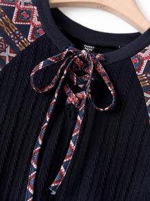 EMERY ROSE 女士休闲度假印花撞色插肩袖短裙 - 藏蓝色 - 查看 3