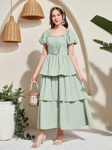 SHEIN Teen Girls' Green Elegant Luxurious Square Collar Ruffle Lightweight Party Princess Cake Tulle Layered Long Dress, Suitable For Spring/Summer, Elegant/Vintage, Vacation, Wedding Season, Princess Girls Dress, Valentine's Day/Easter - Green - View 3