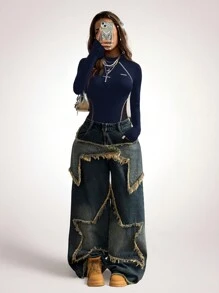 Coolane Women's Spring/Summer Y2K Cargo Basic Knit & Mesh Zip Up Black Slim Fit Bodysuit - Navy Blue - View 6