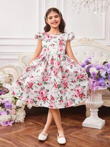 Wildeya Vestido sin espalda con manga de tapeta y escote en V con estampado floral para niña preadolescente elegante