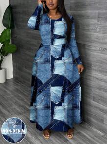 Slaydiva 休闲简约全印花牛仔效果长袖连衣裙，适合大码女士，秋冬 - 彩色 - 查看 1
