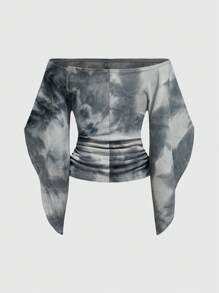 ROMWE Grunge Punk Áo thun in hình mắt nhuộm loang lổ gợi cảm cổ điển Y2K Wild Babe dành cho nữ - màu đen - Xem 2