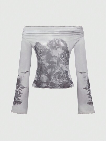 Fairycore Sexy transparente Mesh Vintage Bluse mit Blumen- und Schleifen-Muster für Damen, Herbst/Winter