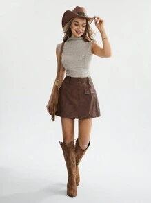 SHEIN LUNE 休闲高领罗纹针织修身无袖上衣