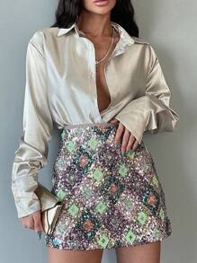 INAWLY Women Simple Plain Button Front Long Sleeve Shirt, Casual Everyday Wear Fall Cloth For Women - Khaki - View 3