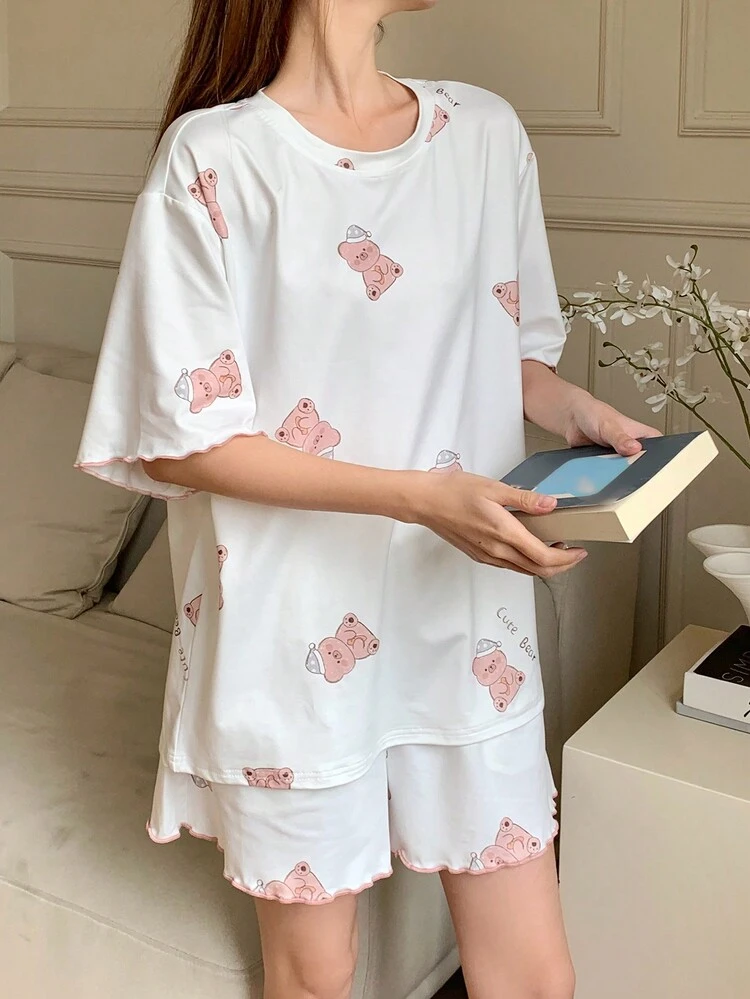 Women Cute Cartoon Pattern Allover Print Short Sleeve Shorts Pajamas Set