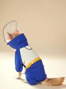 PETSIN 1pc Blue & White Pet Raincoat, Lightweight Comfortable Hooded Full Body Adjustable Waist Waterproof Puppy Rain Jacket - Multicolor - View 2