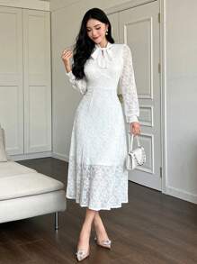 DAZY Women Elegant Solid Color Lace Ribbon Collar Puff Sleeve Mid-Length Dress Prom Dress