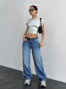 EURMUSE WOMEN HIGH WAIST STRAIGHT JEANS - Medium Wash - View 4