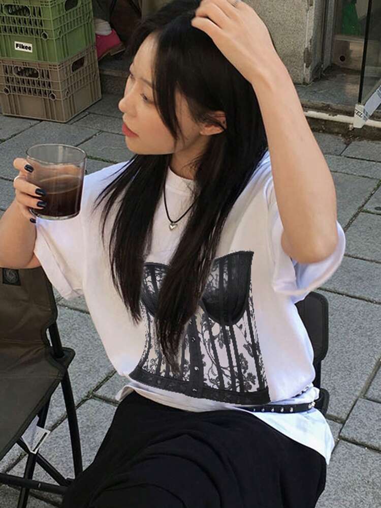 Women Loose Fit Graphic Print Short Sleeve White T-Shirt, Spring/Summer