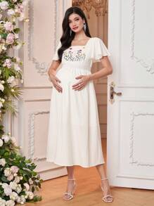 SHEIN 孕妇花卉印花方领荷叶边袖优雅连衣裙 - 白色 - 查看 4