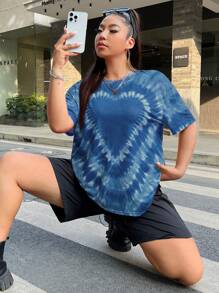 SHEIN EZwear 大码女式休闲圆领落肩短袖扎染心形图案 T 恤夏季 - 藍白色 - 查看 4