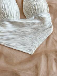 Soleia 纹理三角形下摆贴身挂脖背心，适合女士、度假、音乐节、波西米亚风、节日、约会、夏季上衣 - 白色 - 查看 5