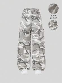 SHEIN Explorewe Tween 女童 Y2K 休闲多口袋街头抽绳腰部浅色迷彩印花工装牛仔裤 - 彩色 - 查看 3