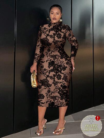 Slaydiva Faux Lace Rose Floral Print Casual Minimalist Plus Size Long Sleeve Fitted Dress, Suitable For Summer Luxury Dress For Women Women Dresses Elegant Gown Classy Dresses For Woman Fall Clothes Chic Dress