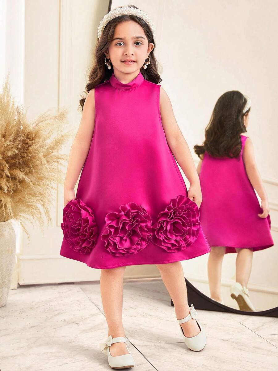 SHEIN Leap Crew Young Girl Elegant Loose Casual Round Neck Sleeveless Midi Dress With Exaggerated 3D Floral Design - Hot Pink - View 1