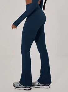 Musera Sport Ribbed Waist Flare Yoga Sports Trousers, Padel, Tennis, Pickleball Gym Fitness - Navy Blue - View 2