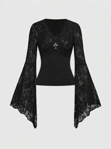 ROMWE Goth 哥特式性感分层蕾丝V领喇叭袖上衣，适合情人节约会 - 黑色 - 查看 1