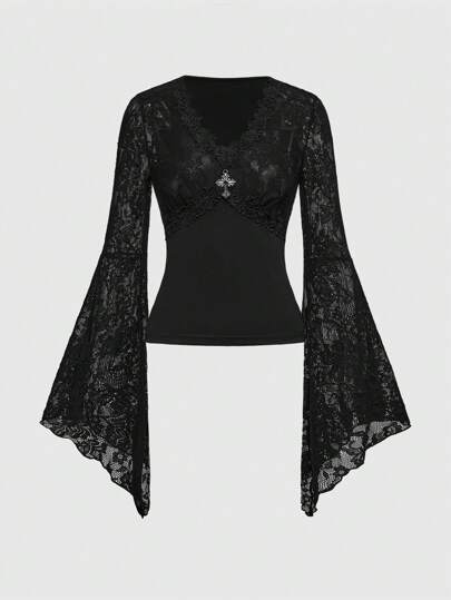 Goth Top gothique sexy à manches évasées avec col en V en dentelle superposée, convient pour un rendez-vous de la Saint-Valentin