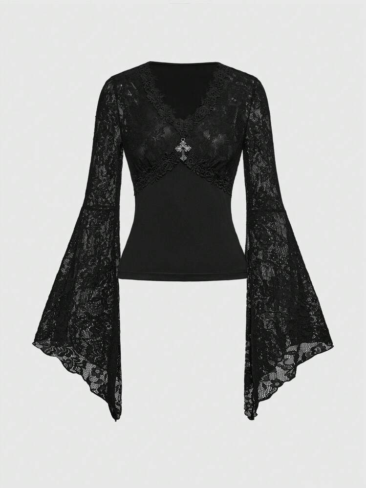 ROMWE Goth Blusa con escote en V de encaje con mangas acampanadas, estilo gótico y sexy, adecuada para una cita en el Día de San Valentín