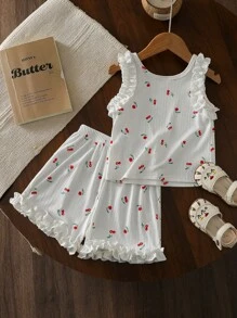 Ramadan Kleinkind Mädchen Set aus Kirschblüten-Muster Blumen-Rüschen-Top ohne Ärmel und dazu passende Shorts, süß und lässig, lose Passform, 2-teiliger Outfit, Sommer