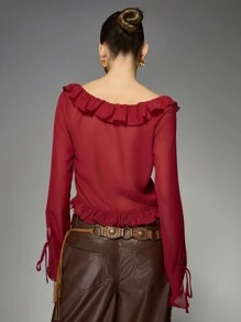 MISSGUIDED Ruffle Trim Sheer Crop Blouse With Front Tie Detail Long Sleeve Holiday Party Evening Top Lightweight Festival Spring Summer Christmas