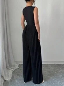 Elenzga Mono de pierna ancha con cintura ceñida y cuello en V fruncido para mujer, conjunto casual y elegante para viajes y la oficina