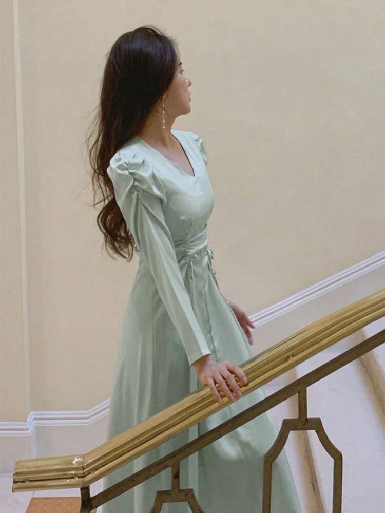 Women's Solid Color V-Neck Drawstring Mid-Length Dress, Spring/Summer/Autumn Long Sleeve Dress