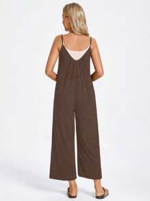 SHEIN LUNE 女士纯色细肩带休闲宽松连体裤 - 咖啡棕 - 查看 2