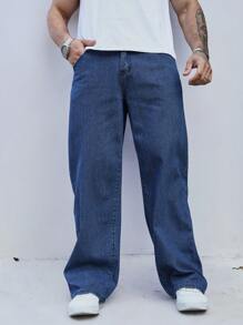 Manfinity Homme Pantalones vaqueros de bolsillo sencillos para hombre, uso diario casual - Azul lavado medio - Ver 5