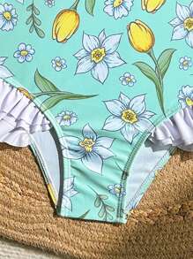 SHEIN Tween Girl' Printed Swimsuit, One-Piece With Ruffles, No Lock Edge - Multicolor - View 5