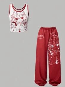 SHEIN Valentine's Day Tween Girl Casual Fashionable Street Chic Red Cartoon Tank Top & Sweatpants 2 Pieces Set - Multicolor - View 5
