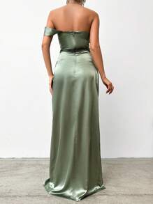 EURMUSE Của phụ nữ Xa ten Một bờ vai Cái nĩa cao Đầm - màu xanh lá - Xem 2