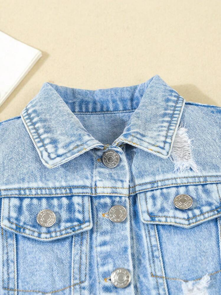 SHEIN Elladie kids Young Girl Personalized Versatile Comfortable Casual Street Fashion Soft Denim Jacket, Thin Style For Summer - Light Wash - View 5