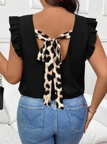 SHEIN Frenchy Plus Size Casual Elegant Leopard Print Tie Up Splice Cap Sleeve Round Neck Pullover Blouse - Black - View 4