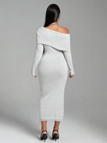 Zolique Winter Women's Clothing Light Gray Diagonal Collar Sweater Dress Long Sleeved Medium Long Casual Sweater Dress Fall Cloth For Women - Light Grey - View 2