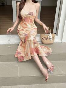 DAZY 女士全身印花吊带连衣裙，度假沙滩连衣裙，春夏邮轮旅行装，复活节女士服装 - 黃色 - 查看 6