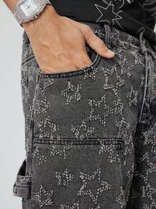 ROMWE MEN Street Life Jeans casuales con pierna recta y bolsillos con estampado de estrellas para hombres