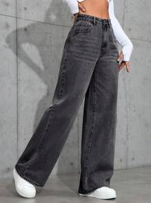 Jeans délavé taille haute coupe large